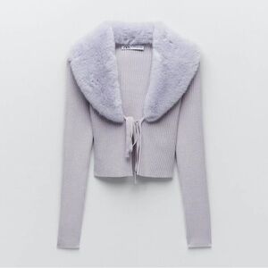 Zara Lilac Ribbed Cardigan with Faux Fur Collar